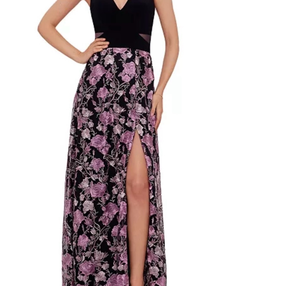 Xscape Black Maxi Dress With Pink Floral Skirt